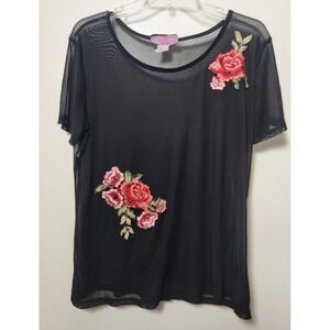 Black Sheer Mesh Top Embroidered Roses Size‎ 1X Whimsigoth Punk Rocker Y2K